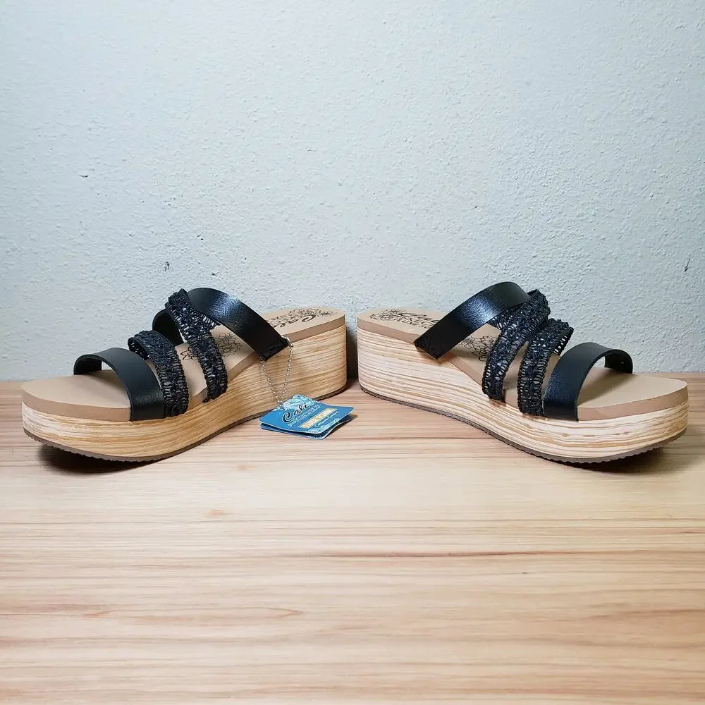 Skechers Size 8.5 Summers Strappy Platform Slide Sandal Black Chunky Comfort NWT
